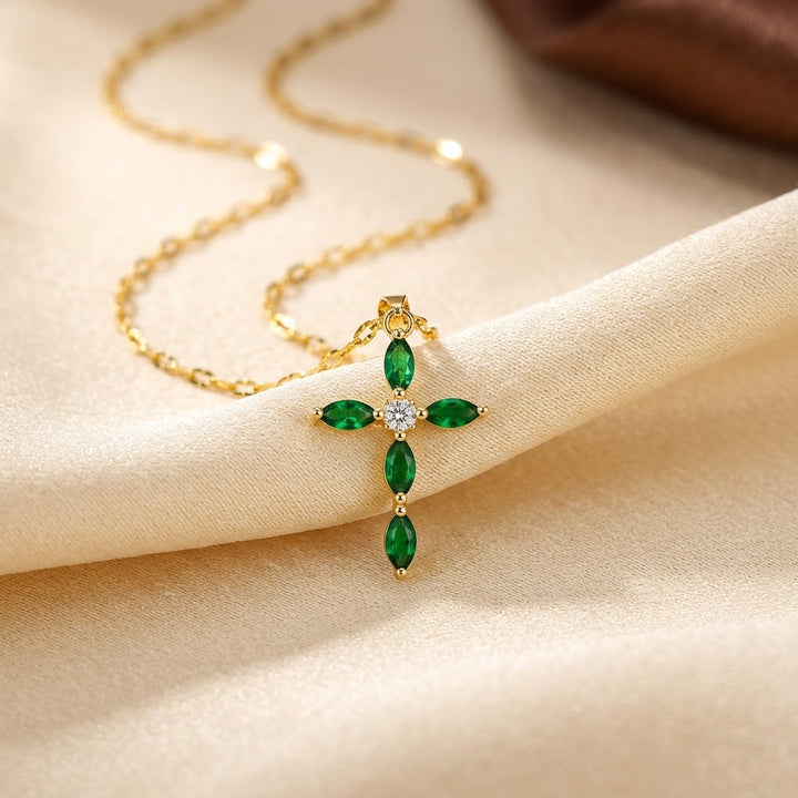 Emerald-Accent Gold Marquise Cross Pendant Necklace