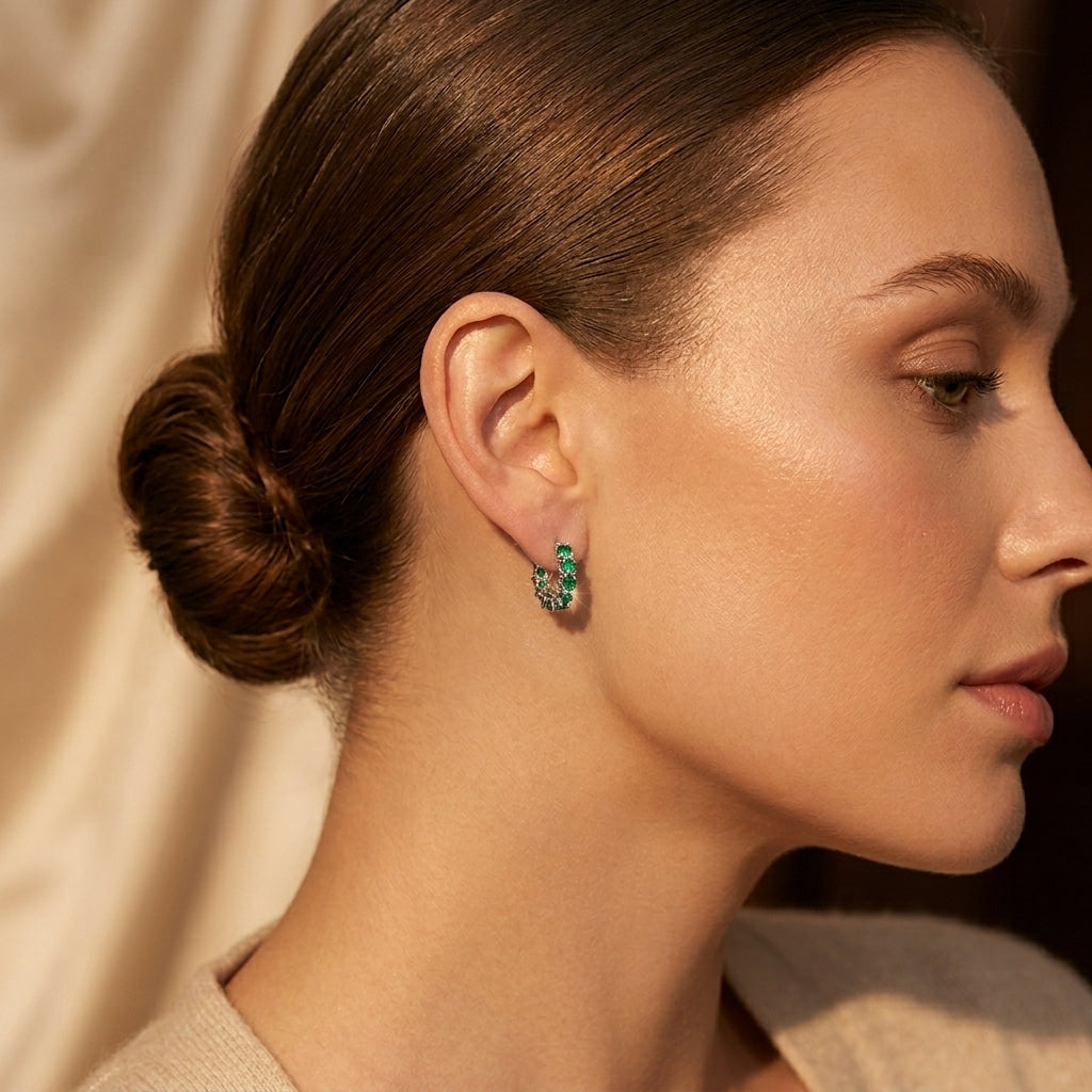 Emerald-Studded Gold Lattice Hoop Earrings