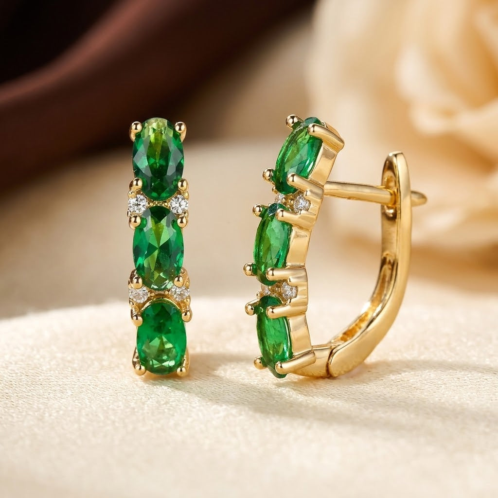 Emerald and Gold Vertical Hoop Ear Rings
