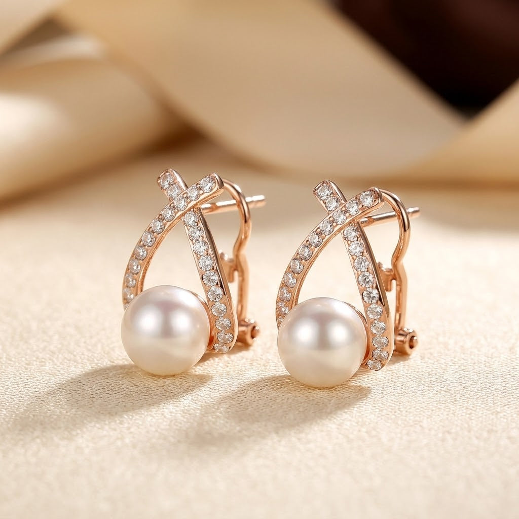 Gold Crossed Pearl Stud Earrings