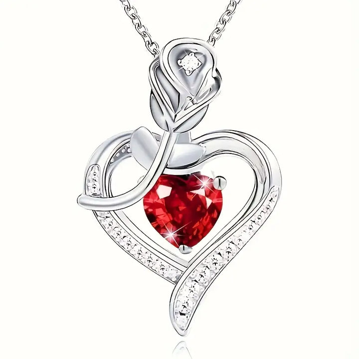 Ruby Heart Pendant on Silver Necklace