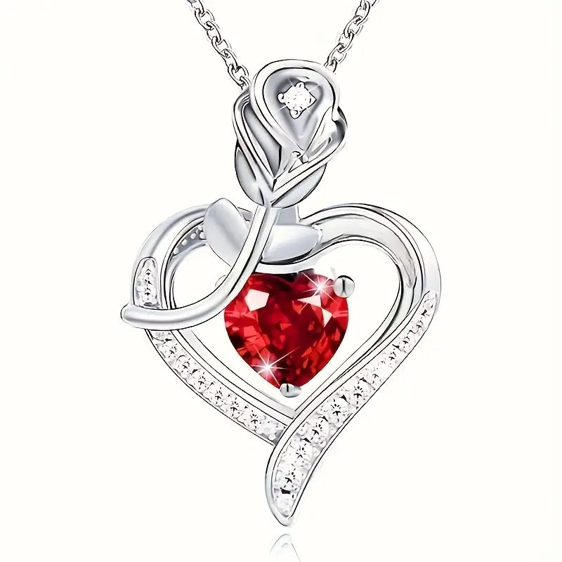 Silver Necklace with Ruby Heart Pendant