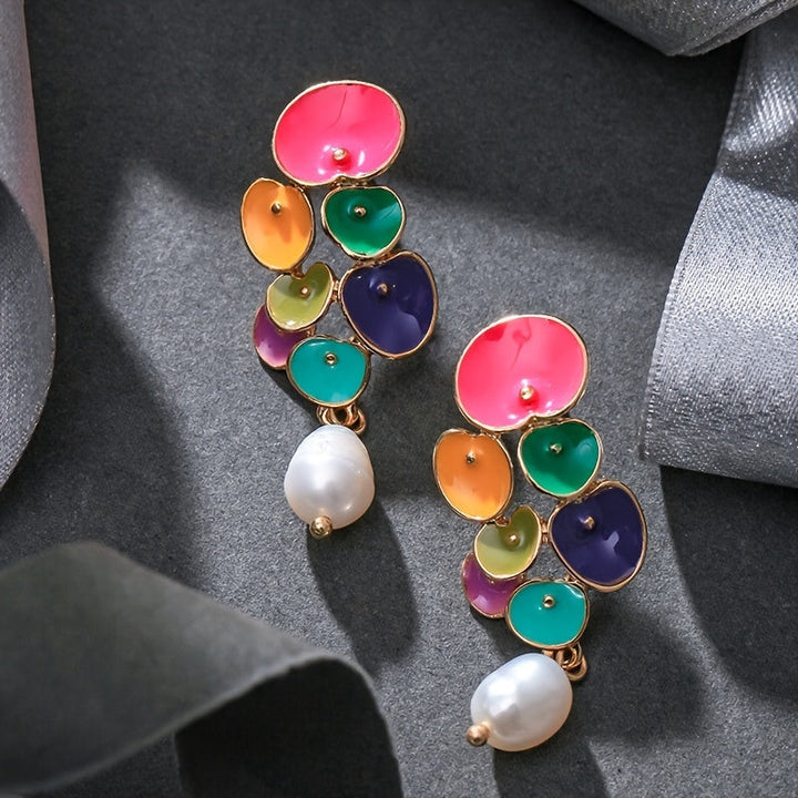 Pearl-Accented Enamel Floral Earrings