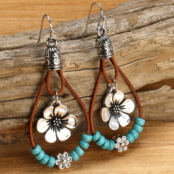 Bohemian Silver Earrings with Turquoise Floral Design