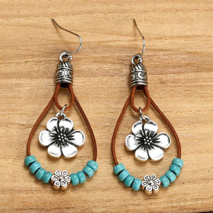 Bohemian Silver Earrings with Turquoise Floral Design
