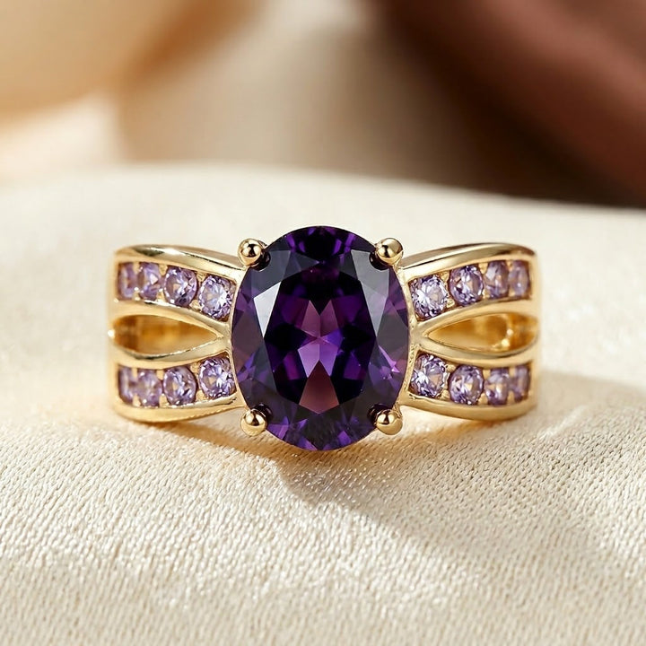 Gold Amethyst Double Band Ring