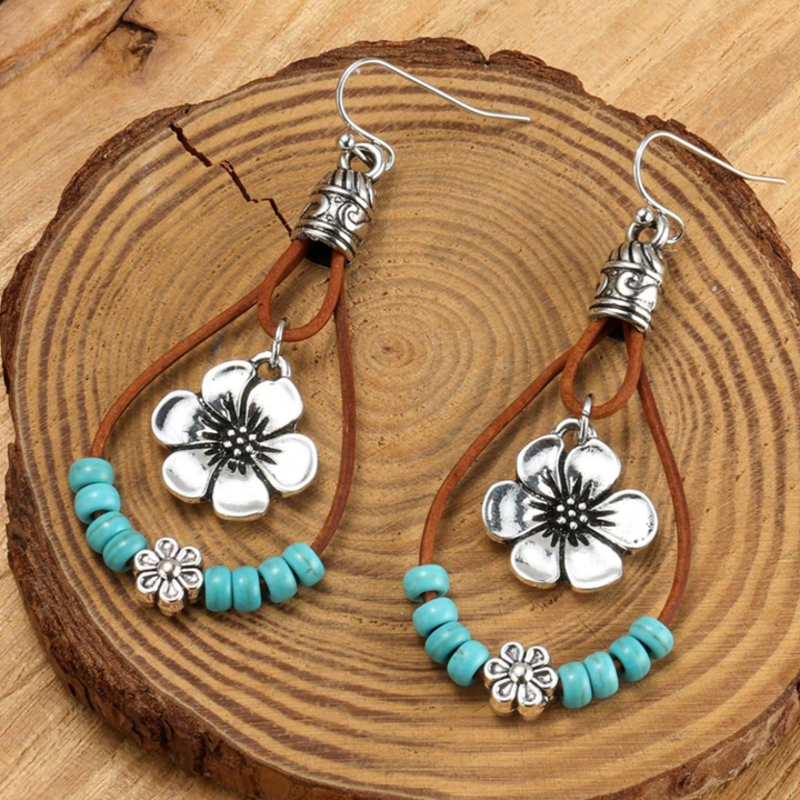 Bohemian Silver Earrings with Turquoise Floral Design