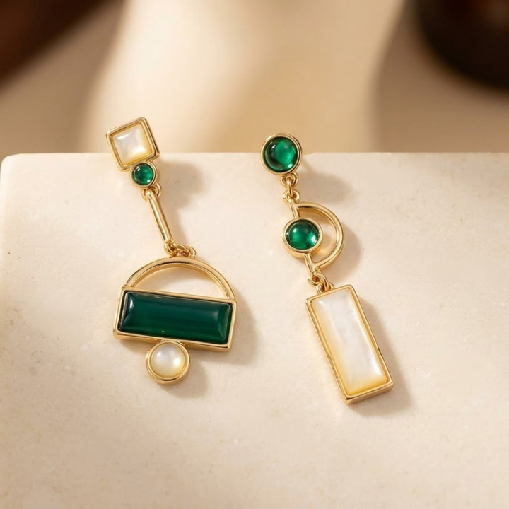 Green and Gold Geometric Dangle Earrings