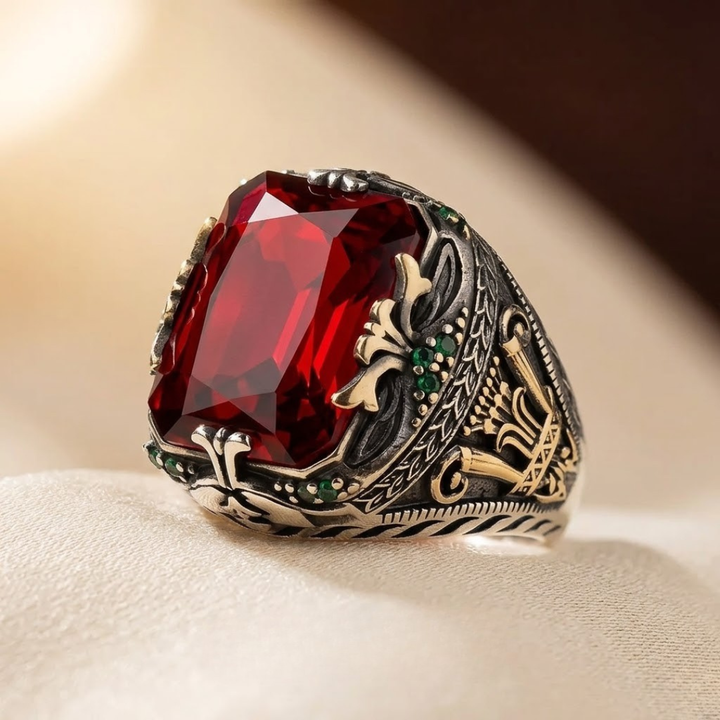 Elegant Silver Signet Ring with Ruby Detail