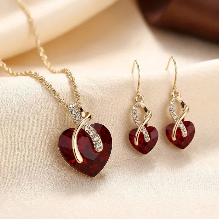 Twisted Heart Jewelry Set in Gold and Ruby