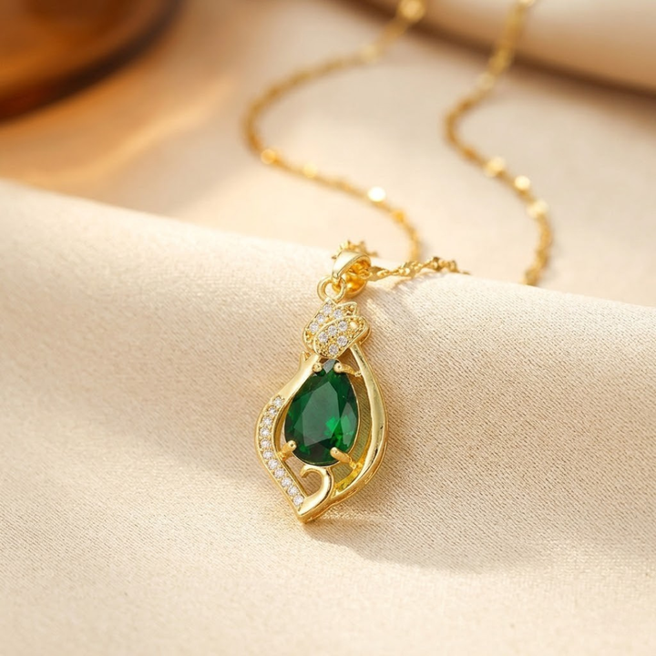 Emerald-Accented Gold Teardrop Pendant Necklace