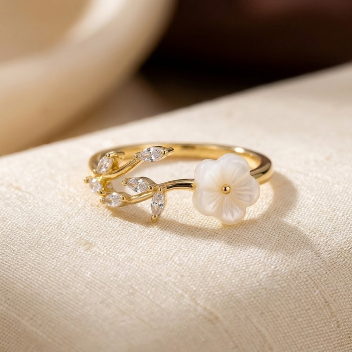 Gold Leaf Design Open Ring with Floral Accents