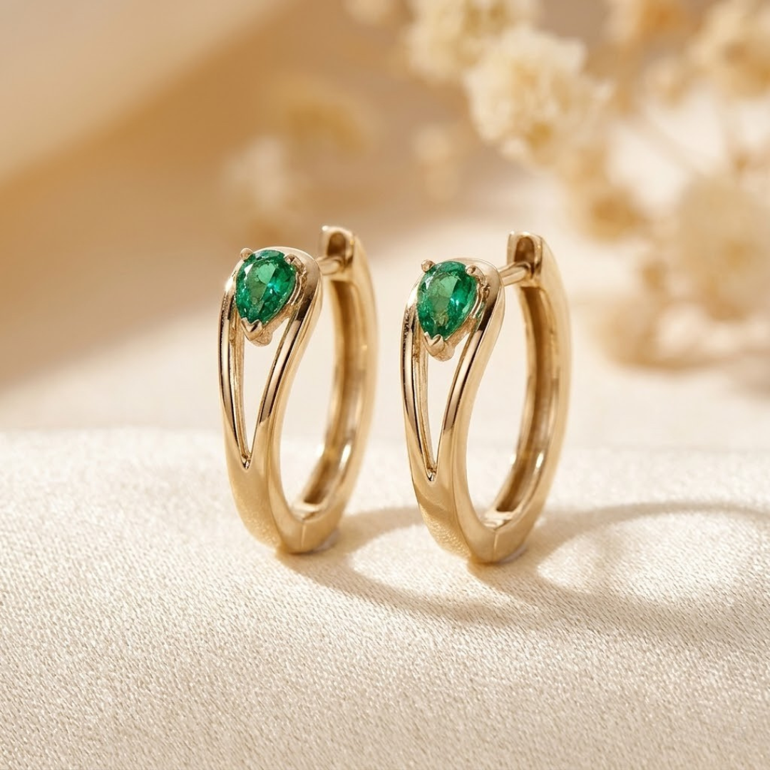 Emerald-Accent Gold Hoop Earrings