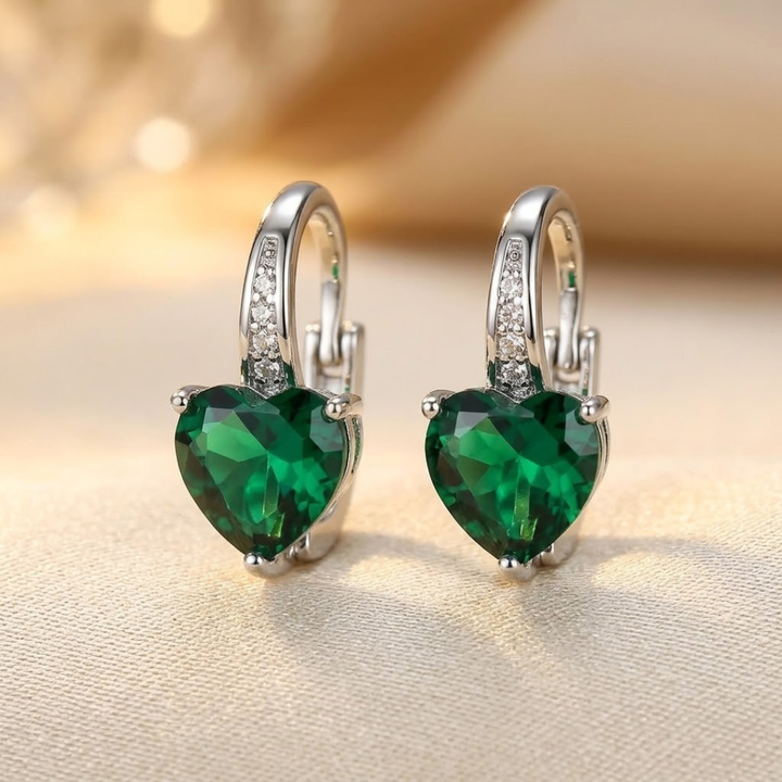 Emerald Silver Hoop Earrings in a Heart Design
