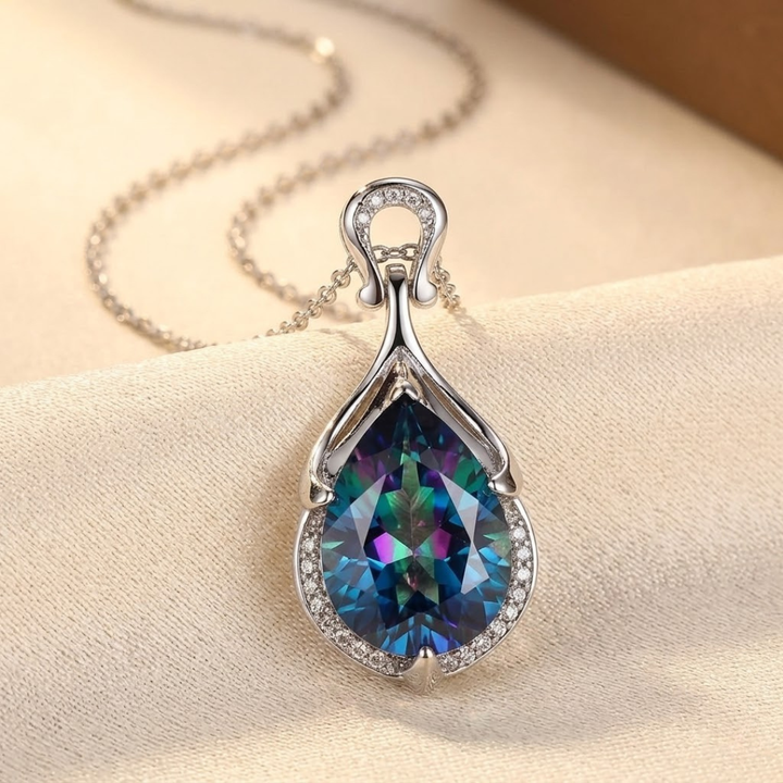Silver Teardrop Necklace with Sapphire Accents