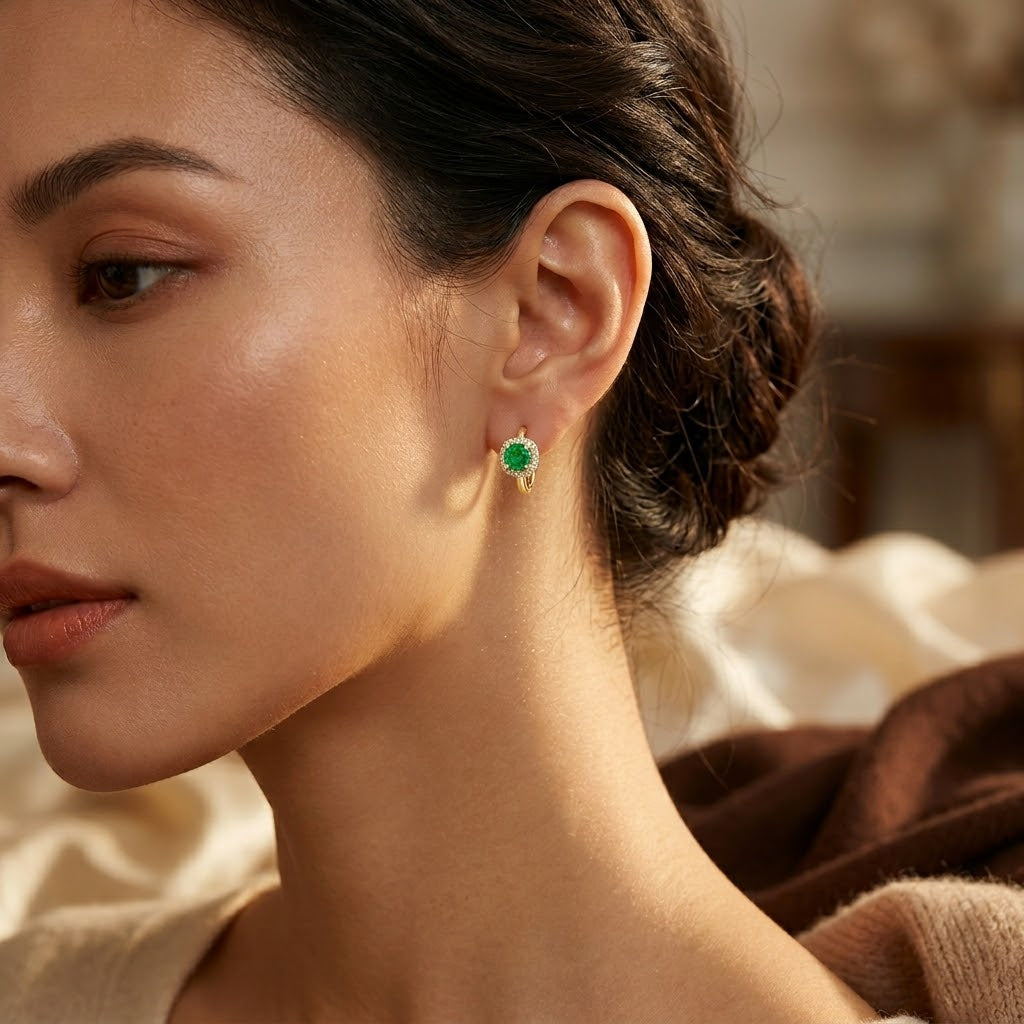 Emerald-Embellished Gold Hoop Earrings