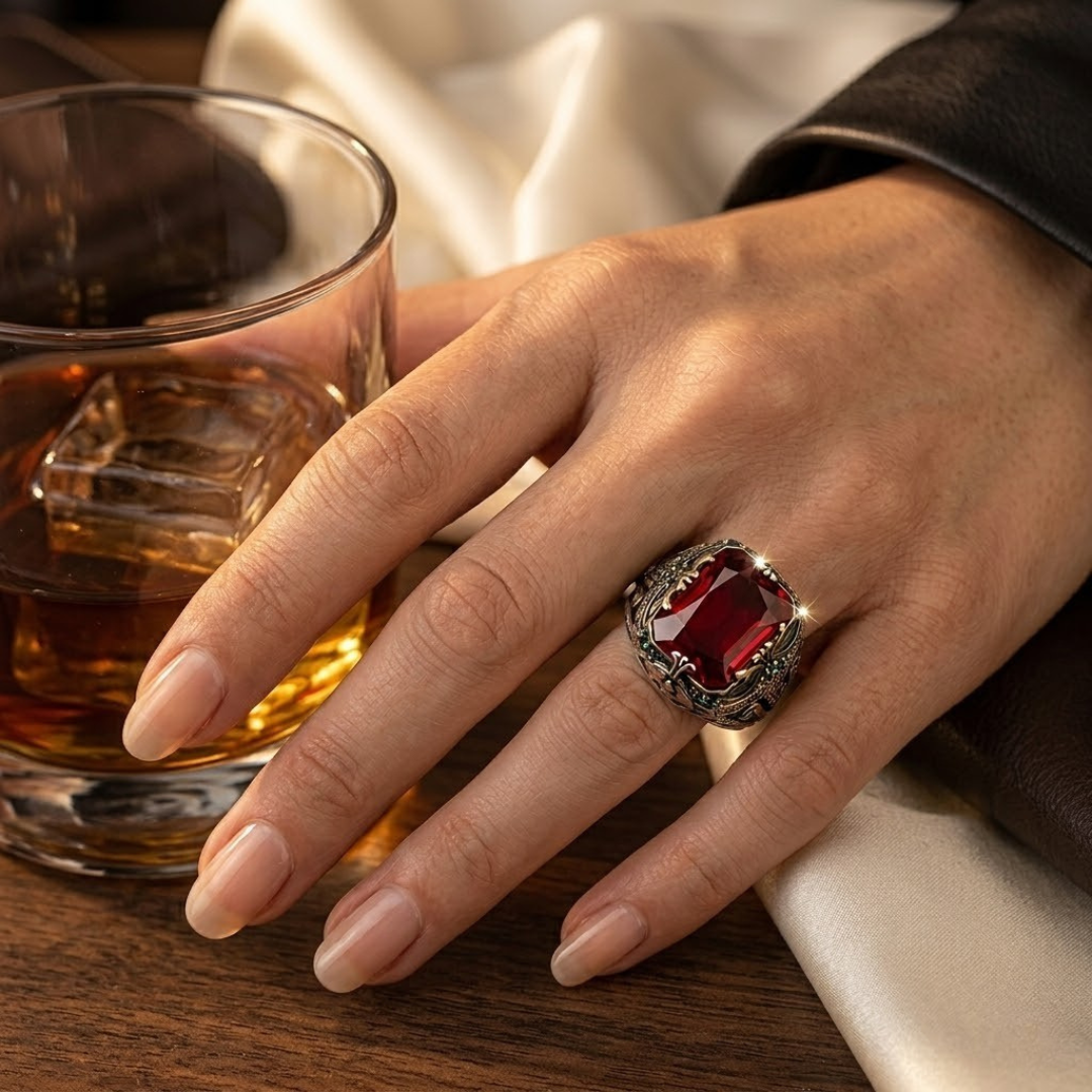 Elegant Silver Signet Ring Featuring a Ruby Detail