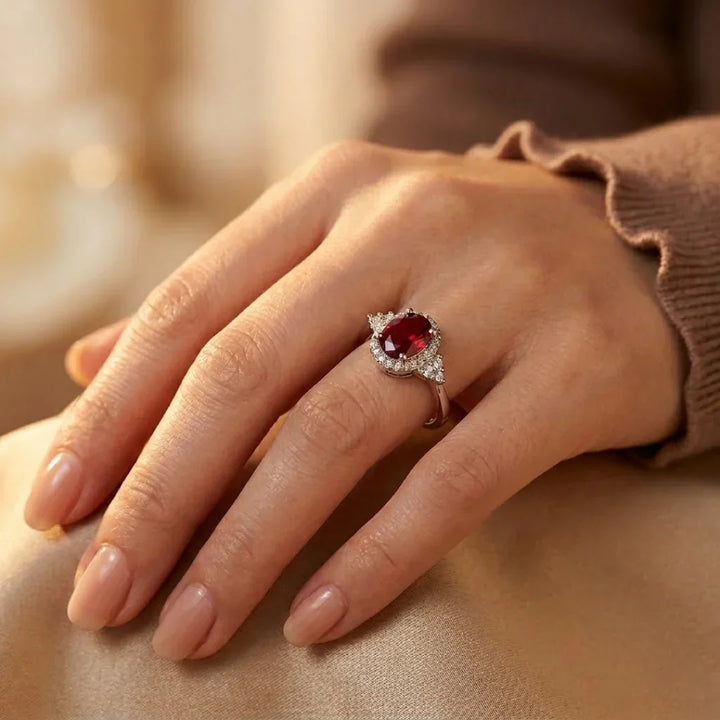 Ruby-Embellished Silver Halo Ring