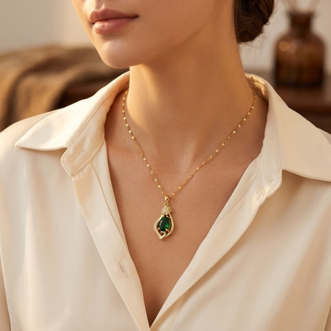 Gold Teardrop Pendant Necklace with Emerald Accent