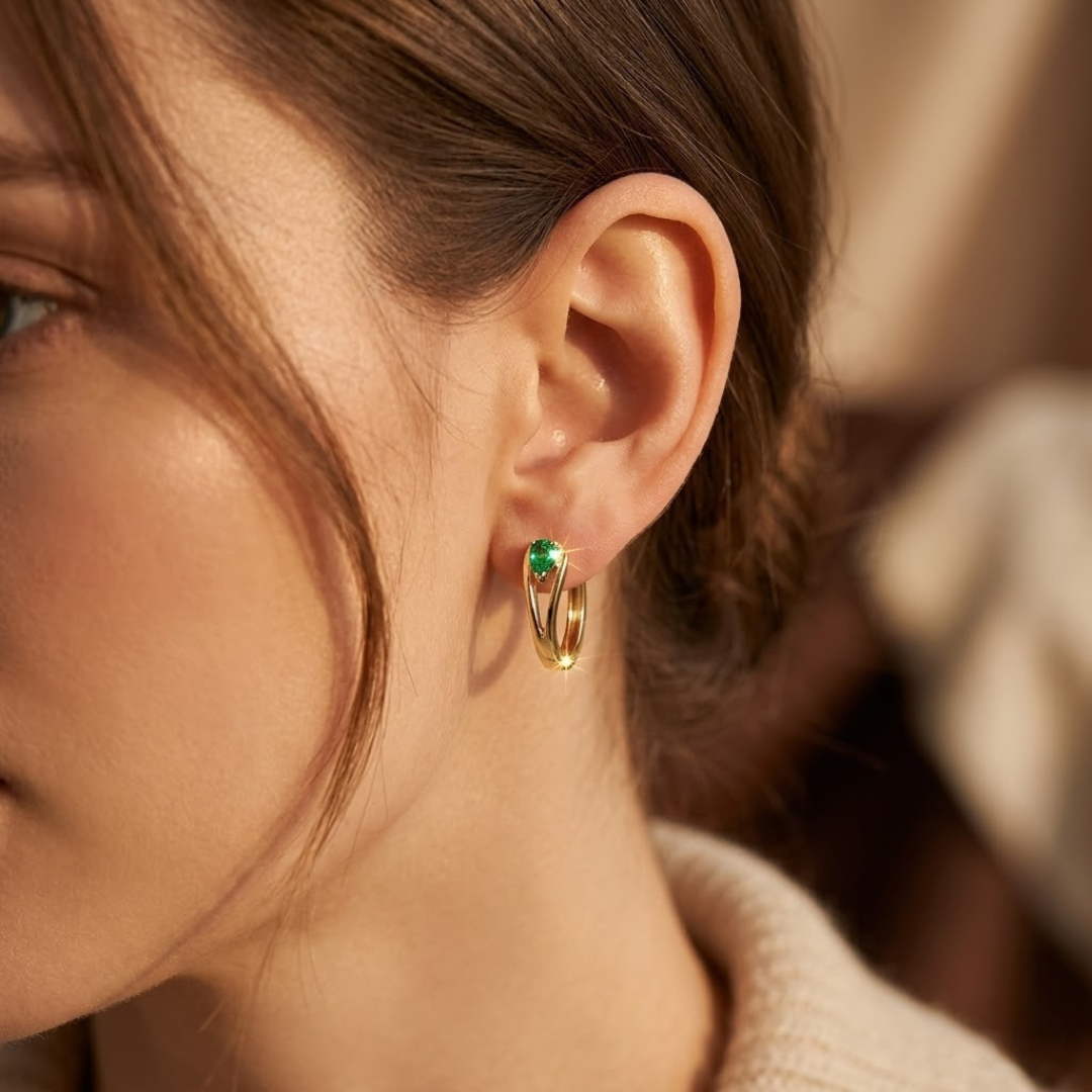 Emerald-Embellished Gold Hoop Earrings