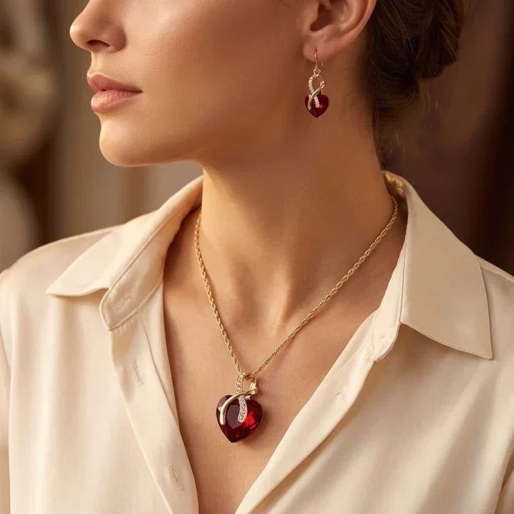 Ruby and Gold Twisted Heart Jewelry Set