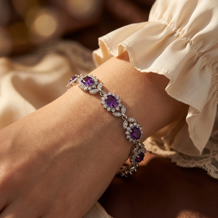 Silver Floral Bracelet Featuring Amethyst Highlights