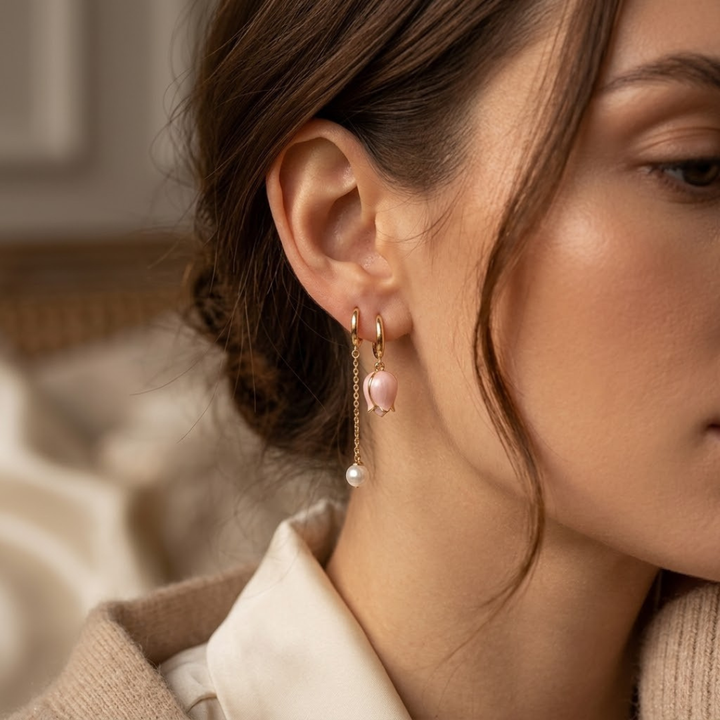 Gold Pearl Drop Earrings with Floral Design