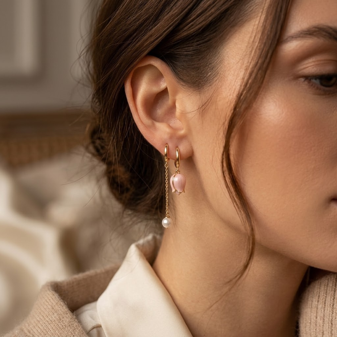 Golden Floral Pearl Dangle Earrings