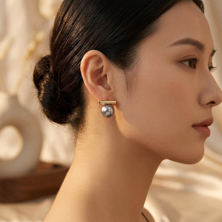 Elegant Golden Bar Pearl Stud Earrings