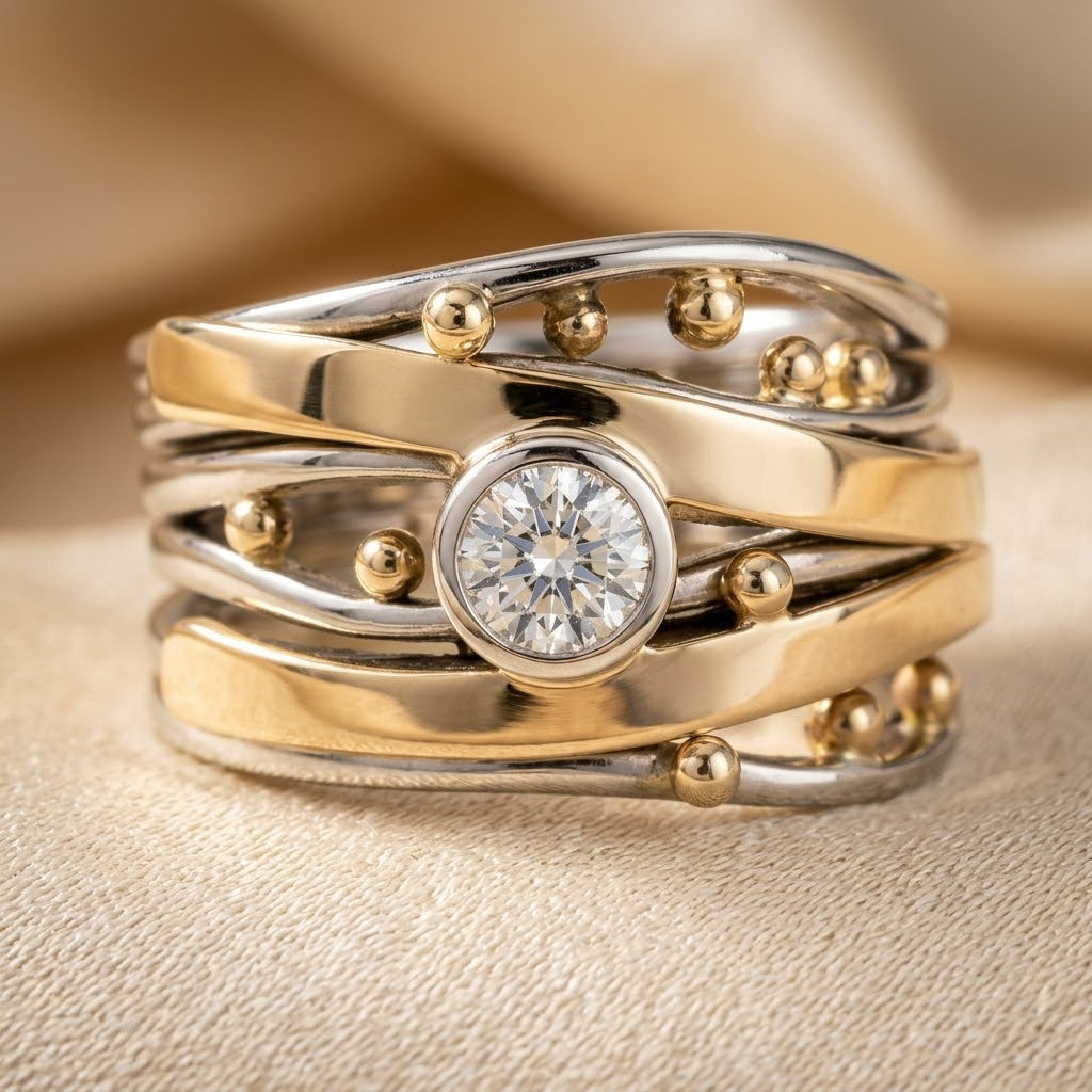 Gold and Silver Bezel-Set Wraparound Ring