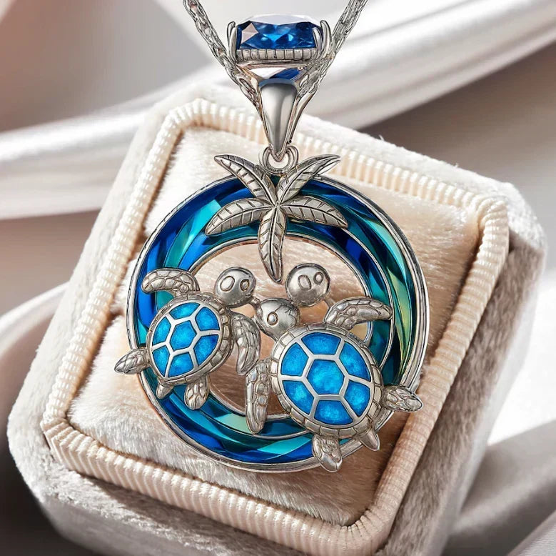 Opal Round Turtle Palm Pendant Necklace