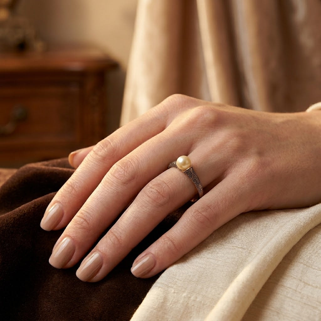 Elegant Pearl Ring with Intricate Gold Filigree Design