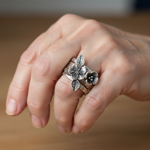 Retro Floral Silver Stacked Ring