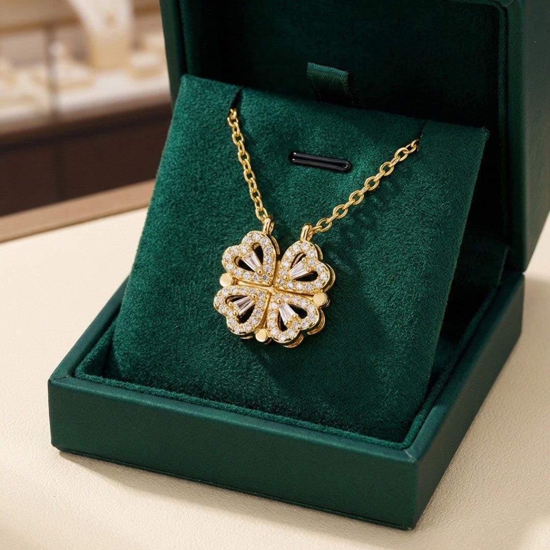 Gold Clover Necklace Adorned with a Heart-Shaped Zircon Pendant