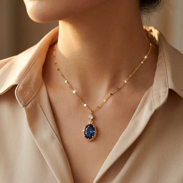 Gold Oval Drop Necklace with Sapphire Gemstone