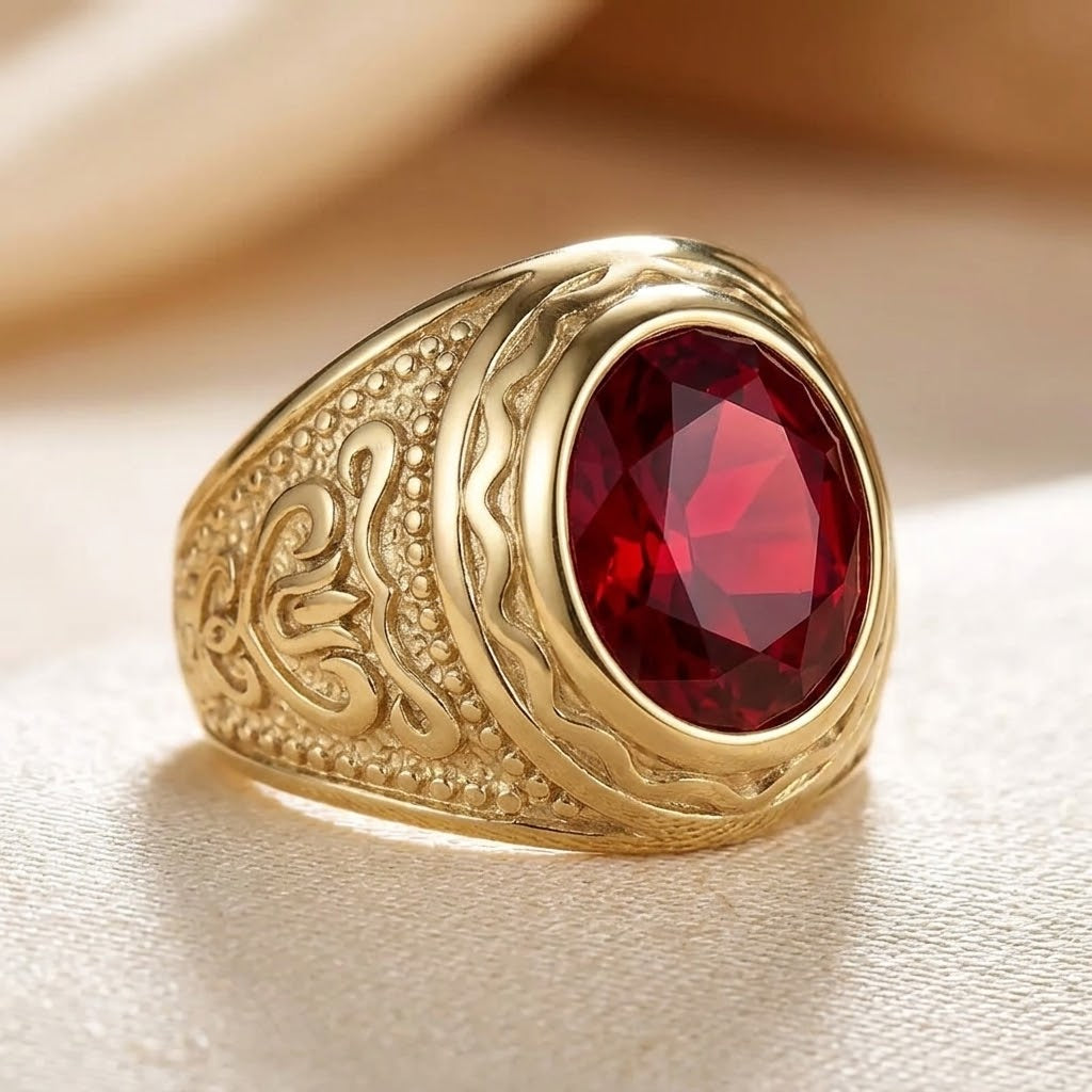 Gold Ring with Ruby Engraving