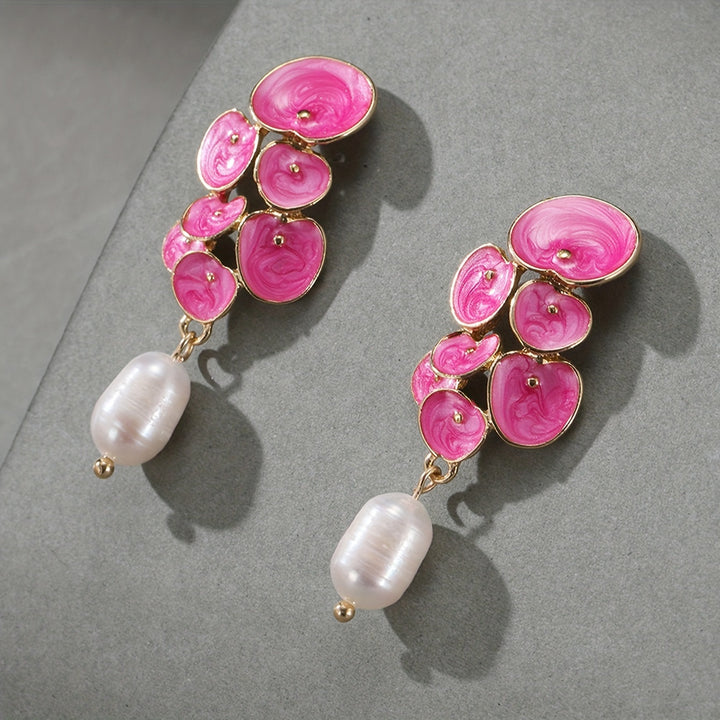 Pearl-Accented Enamel Floral Earrings