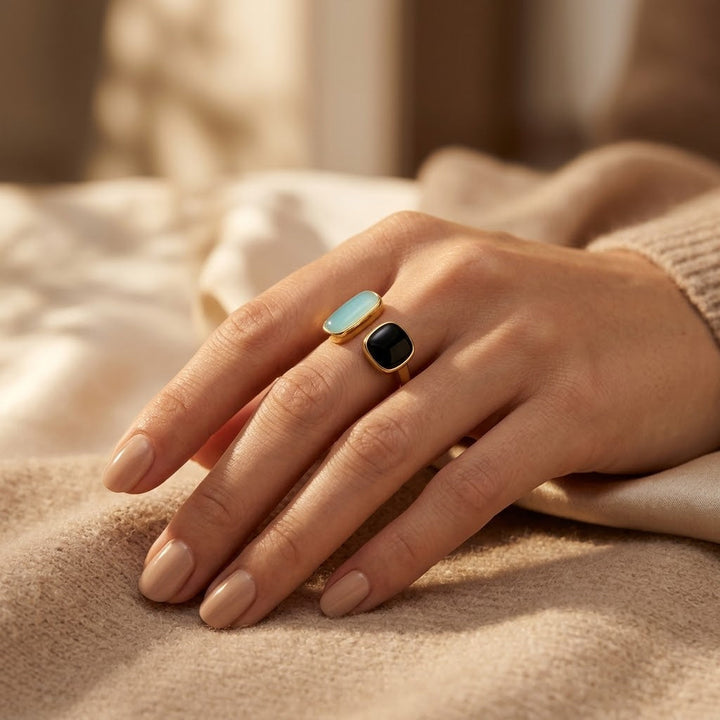 Gold Adjustable Ring Featuring Dual Stone Design