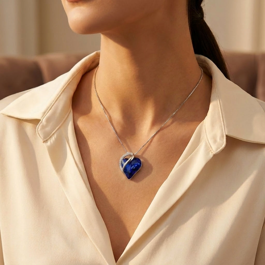 Sapphire Pendant Necklace in a Heart Shape with Silver Finish
