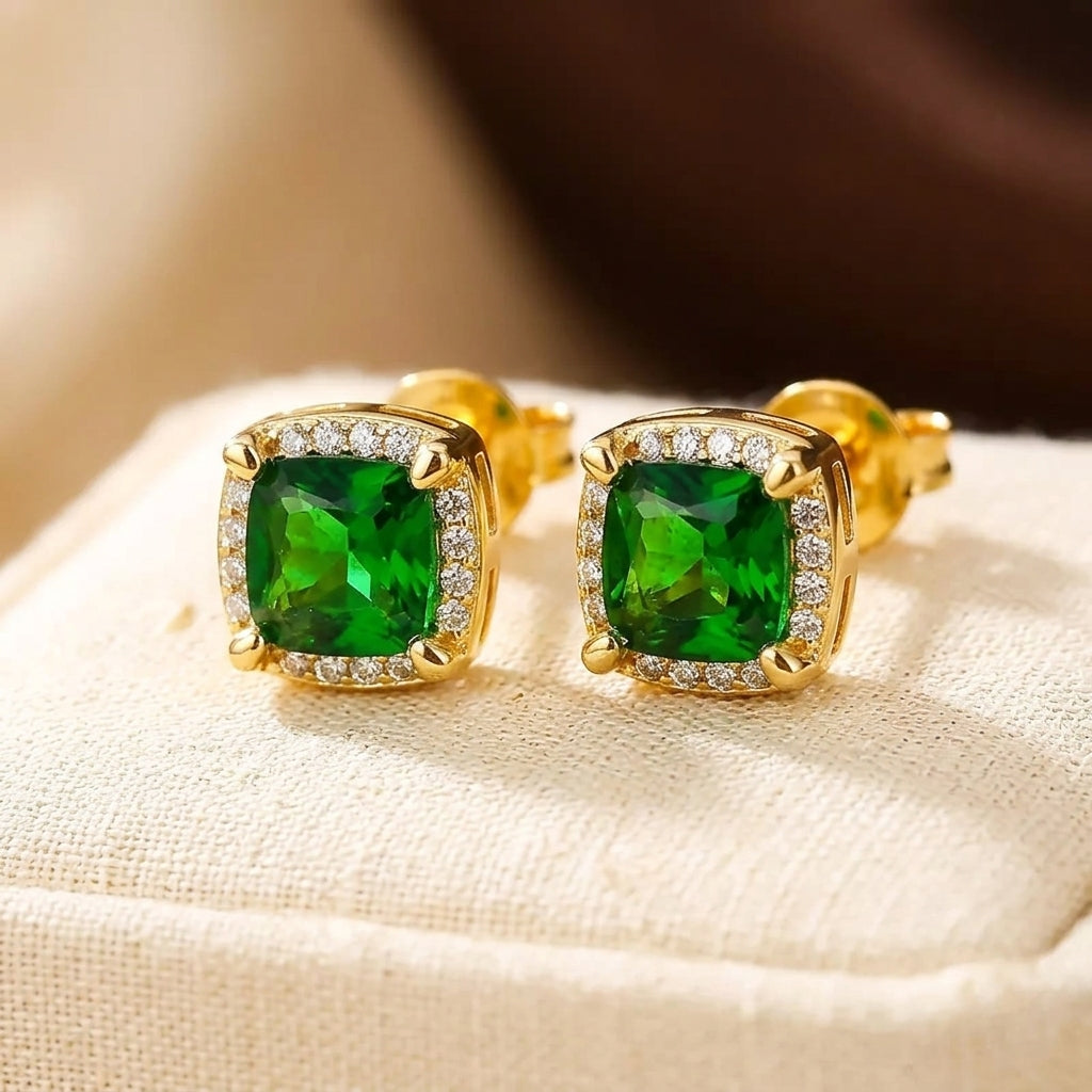 Emerald-Accented Gold Stud Earrings