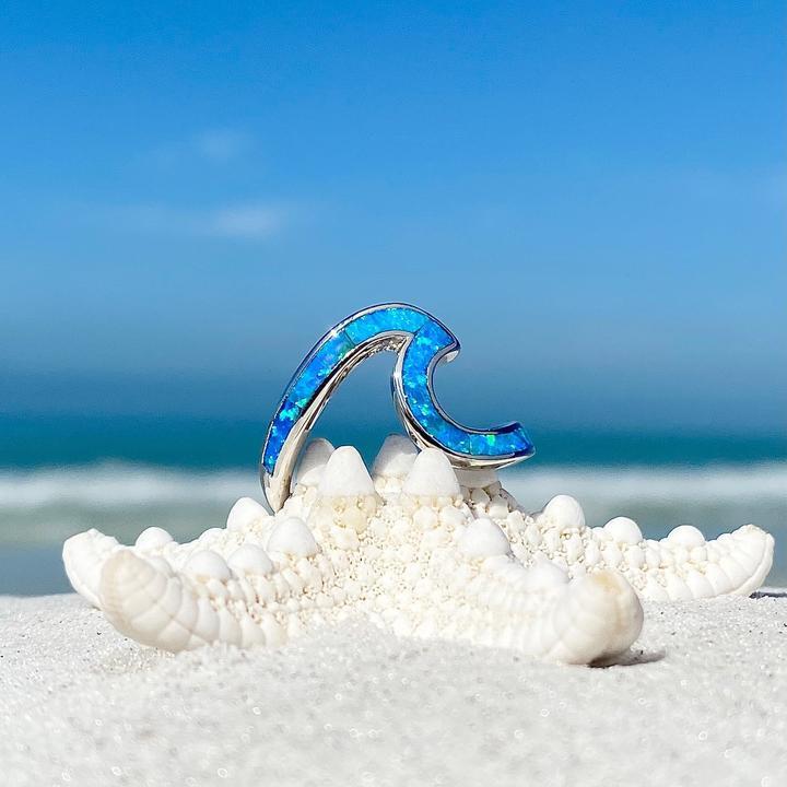 Sterling Silver Ocean Wave Ring with Opal Accent