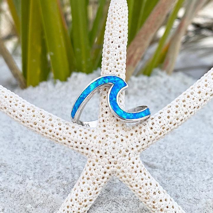 Sterling Silver Ocean Wave Ring with Opal Accent