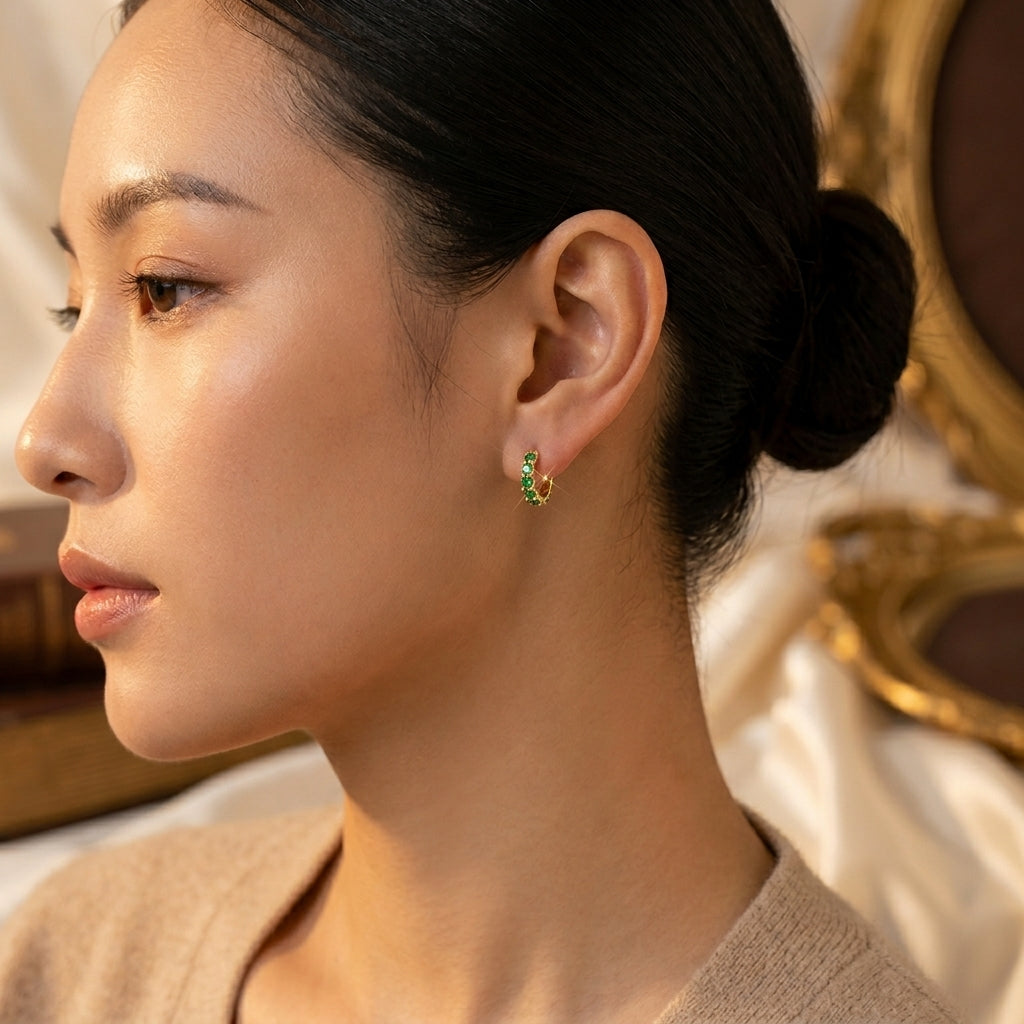 Emerald and Gold Woven Hoop Earrings