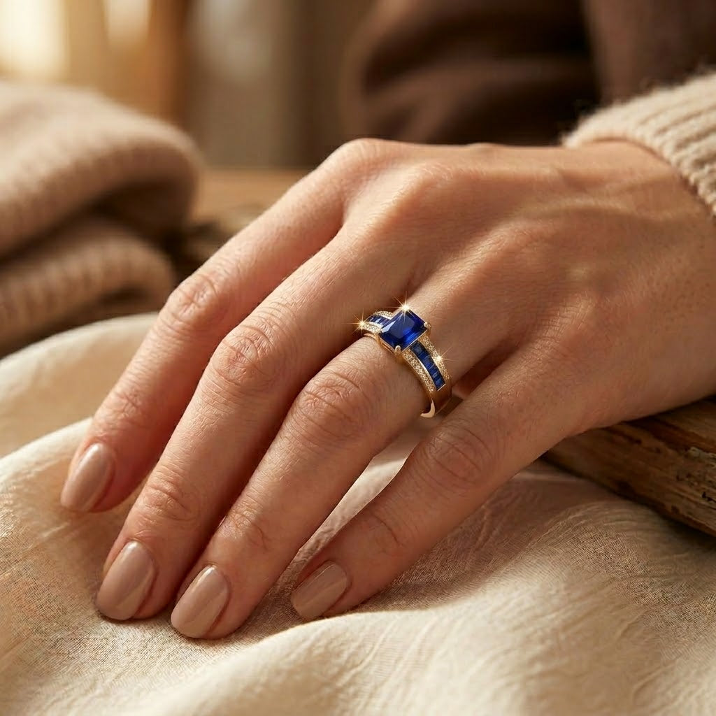 Sapphire-Embellished Square Gold Ring