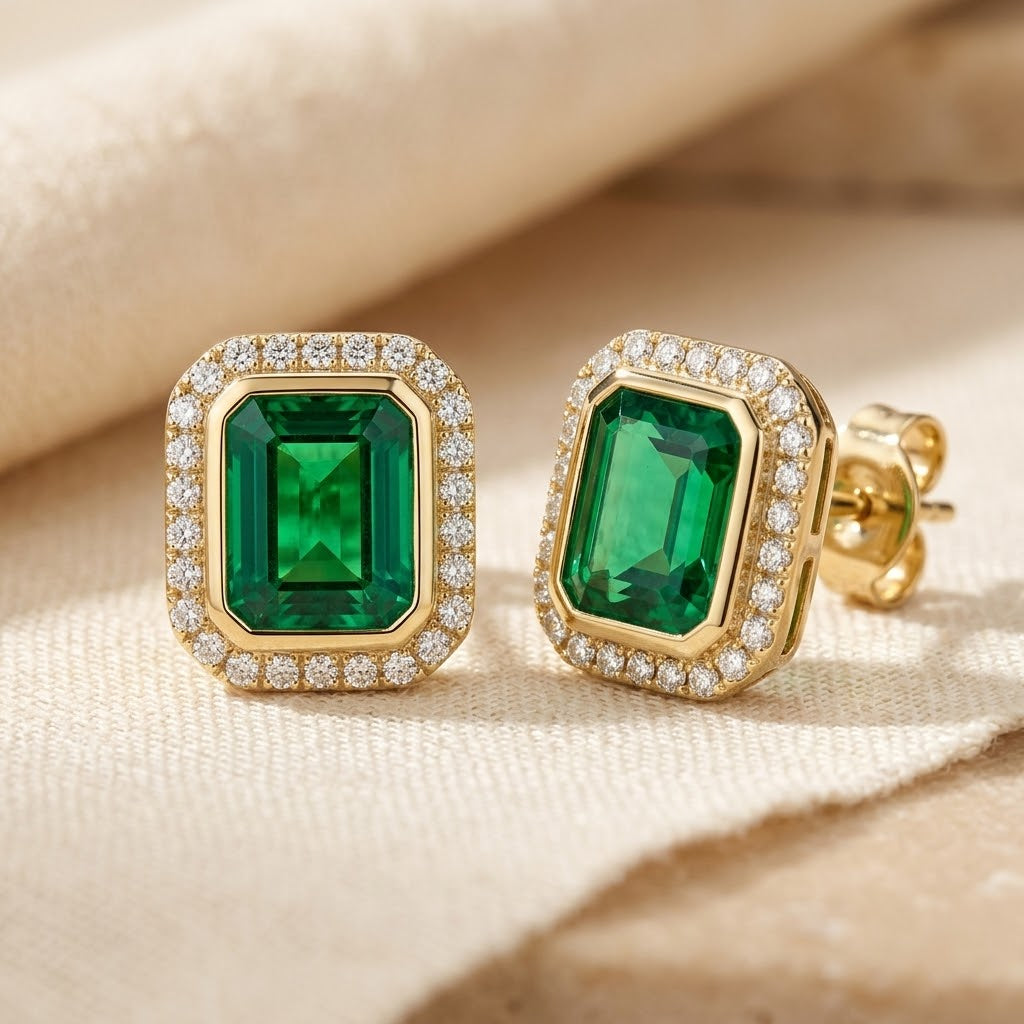 Emerald Square Gemstone Gold Halo Stud Earrings