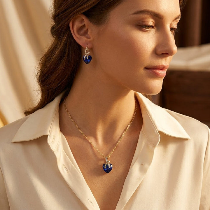 Gold Sapphire Heart Jewelry Set: Necklace and Earrings