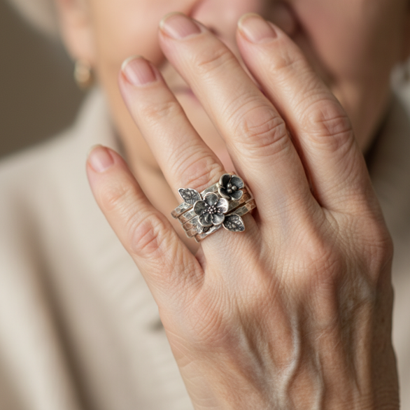 Retro Floral Silver Stacked Ring