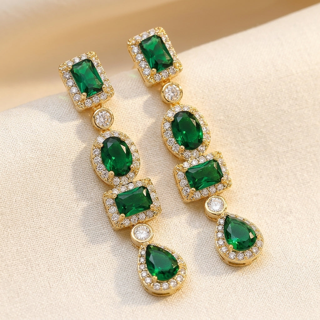 Emerald and Gold Varied Shape Drop Earrings