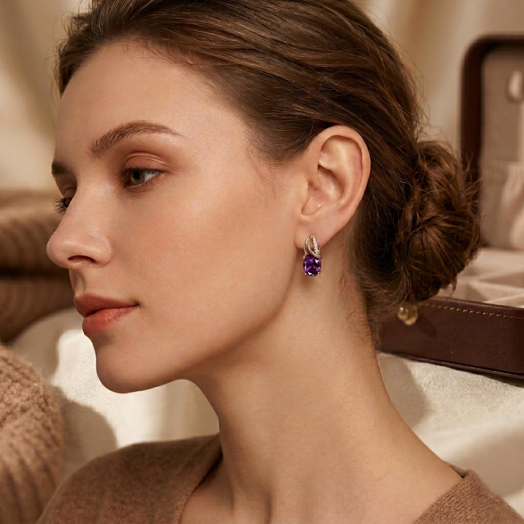 Gold Hoop Earrings with Amethyst Accents