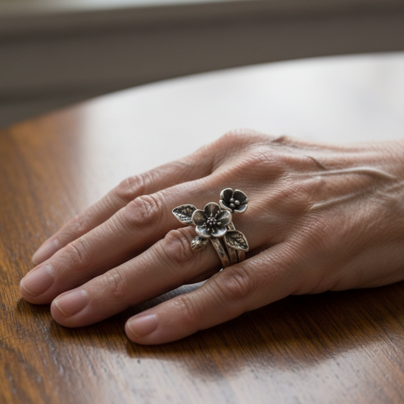 Retro Floral Silver Stacked Ring